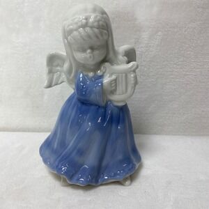VTG Enesco Porcelain Angel Figurine Playing Harp Blue Dress Christmas Nativity